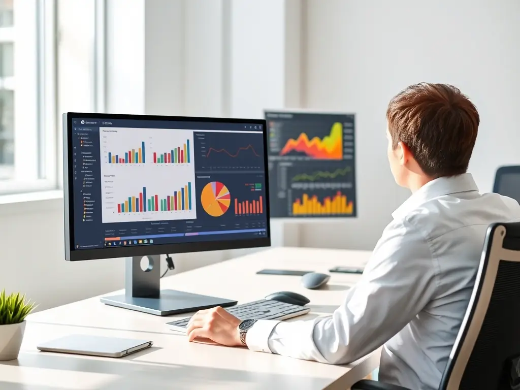 A digital marketing expert analyzing website analytics on a computer screen, focusing on key performance indicators (KPIs) related to automotive advertising campaigns, in a modern office setting.