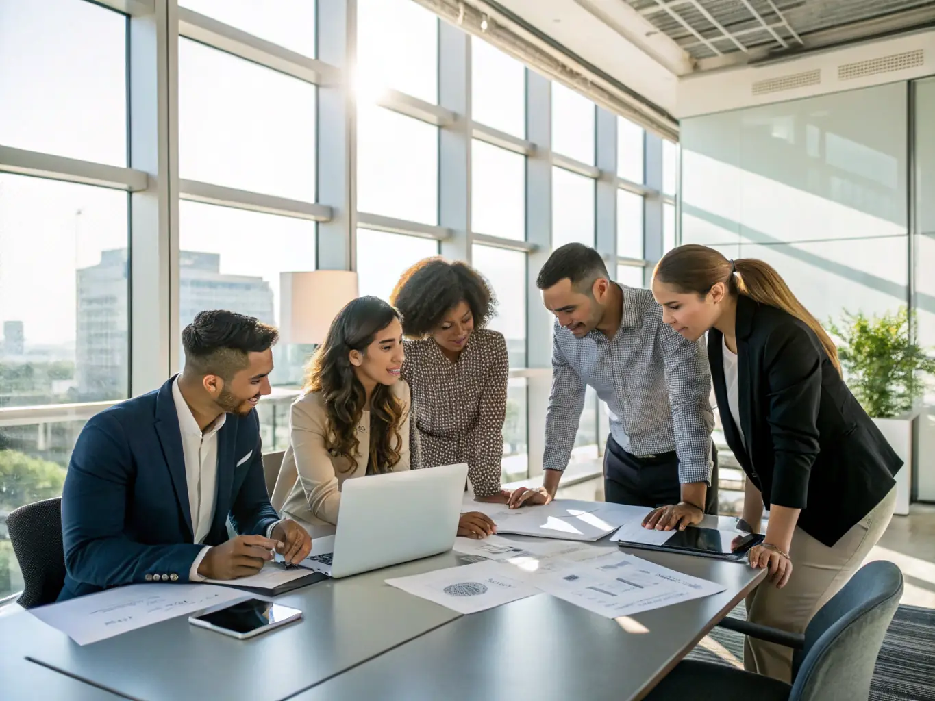 A diverse team of professionals collaborating in a modern office setting, analyzing market trends and developing advertising strategies for automotive clients.