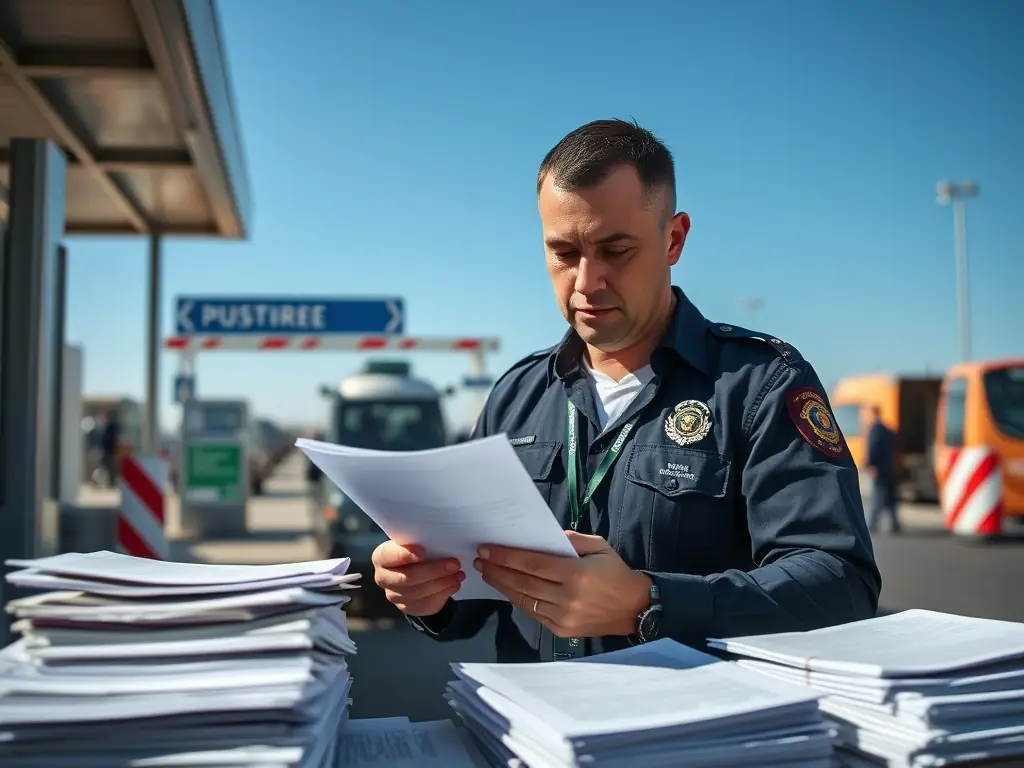 A close-up shot of a customs officer inspecting vehicle documents at a border crossing, highlighting Servisure's expertise in handling customs and regulatory procedures.