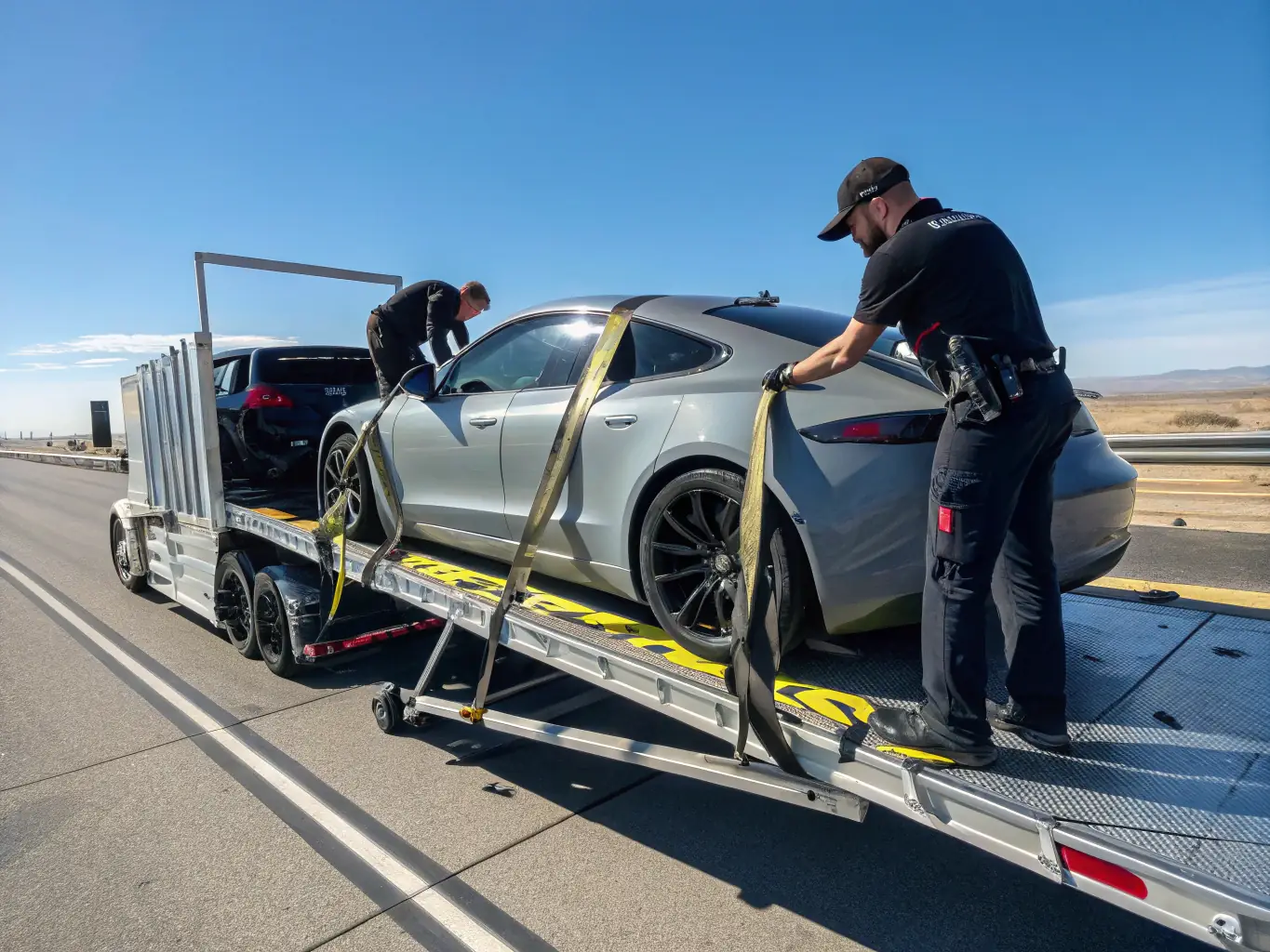 A modern car carrier trailer transporting a variety of new vehicles on a highway, symbolizing efficient and reliable vehicle logistics services offered by Servisure.